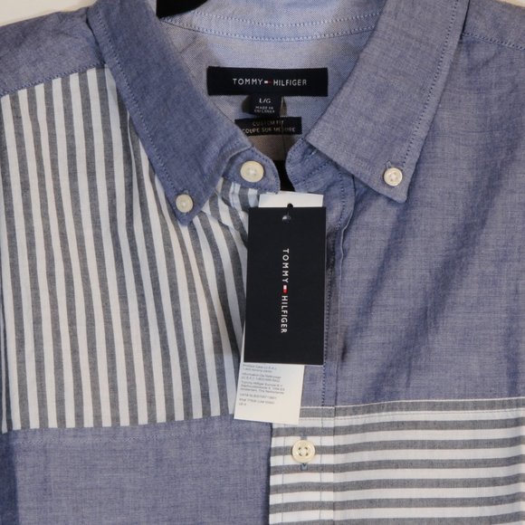 Tommy Hilfiger Custom Fit Large Blue White Button Down Short Sleeve Shirt NWT - Picture 4 of 6